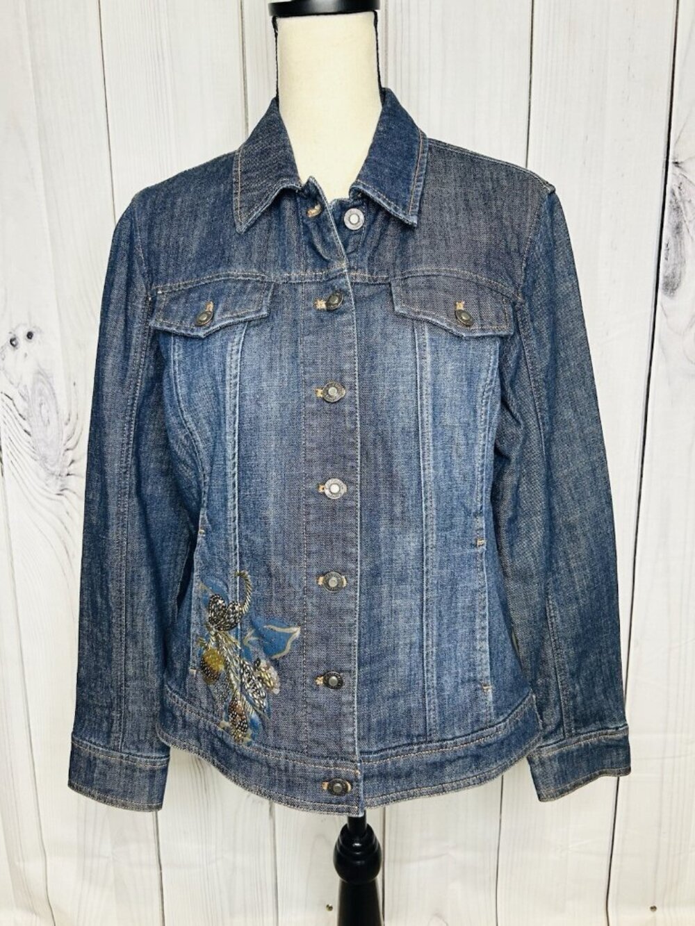 Coldwater Creek Womens Sz 12 Sequin Beaded Floral Denim Jacket Blue Stretch
